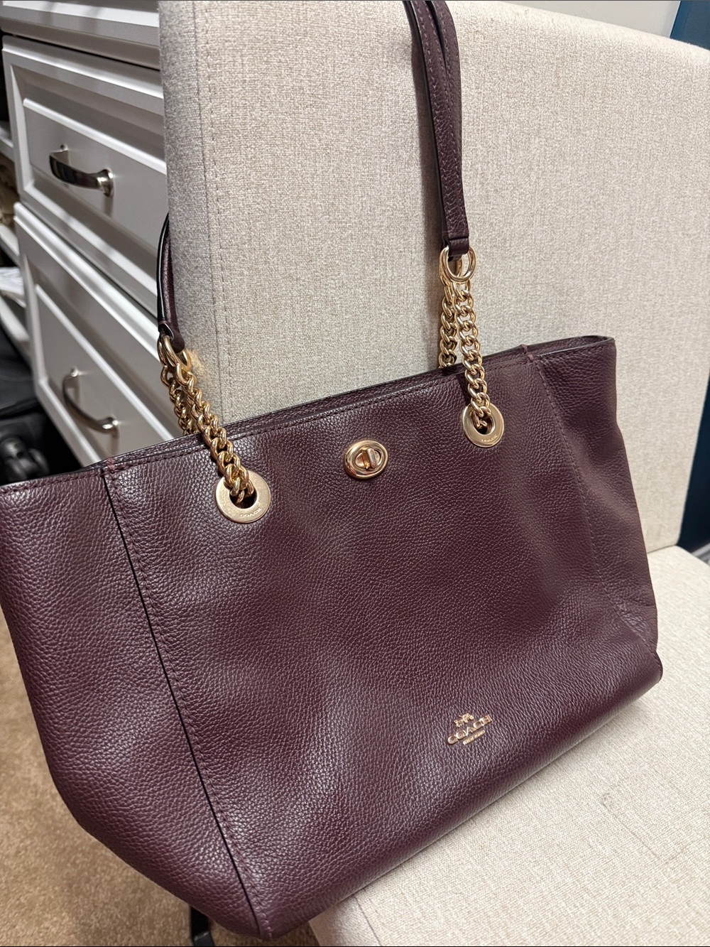 Coach Pebbled Leather Tote in Plum with Gold Hardware